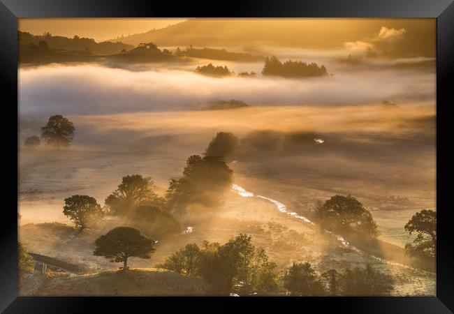 Little Langdale misty sunrise  Framed Print by John Finney