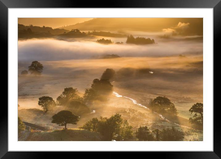 Little Langdale misty sunrise  Framed Mounted Print by John Finney