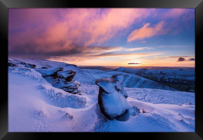 Winter sunrise over Ringing Roger rocks, Kinda Sco Framed Print by John Finney