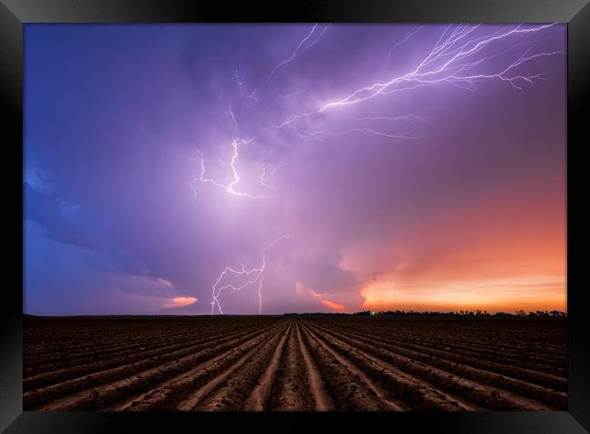 Lightning crawler over a ploughed field at sunset Framed Print by John Finney