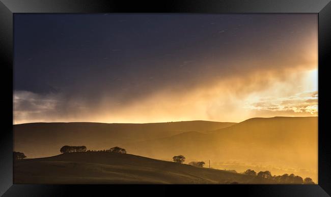 Eccles Pike heavy rain at sunset Framed Print by John Finney