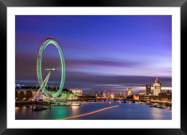 London at dusk with the London Eye, Westminster an Framed Mounted Print by John Finney