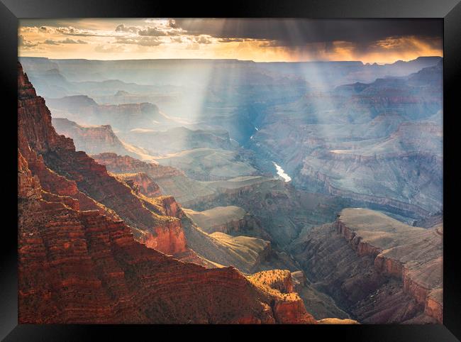 Grand Canyon monsoon Lightrays Framed Print by John Finney