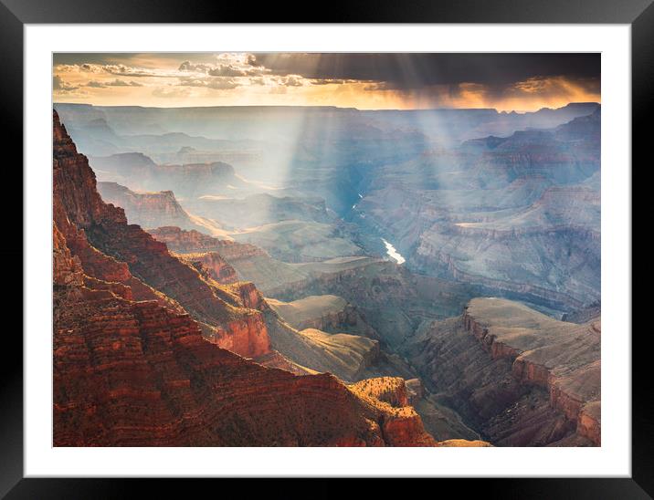 Grand Canyon monsoon Lightrays Framed Mounted Print by John Finney