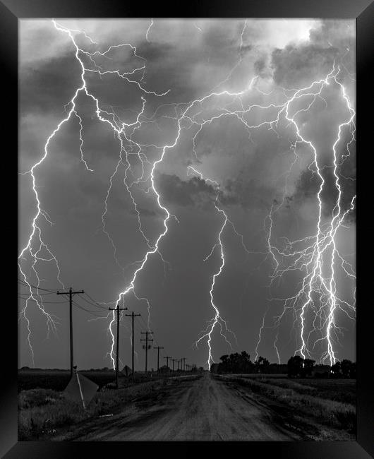 Lightning storm over Nebraska. black and white Framed Print by John Finney