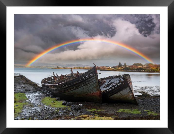 Isle of Mull Rainbow over Fishing Boat Wrecks Framed Mounted Print by John Finney