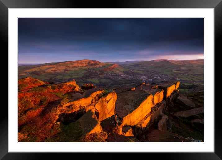 Sunrise with red sunlight light on Eccles Pike  Framed Mounted Print by John Finney