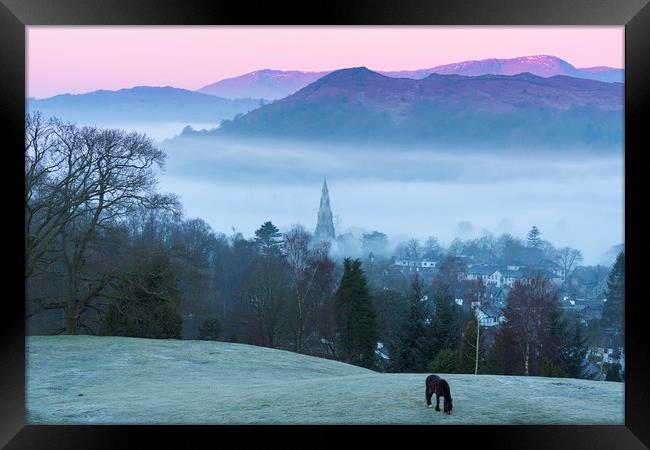 Ambleside Mist & Frost at sunrise, Lake District Framed Print by John Finney