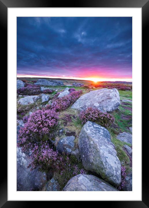 Curbar Purple Heather Sunrise, Peak District Framed Mounted Print by John Finney
