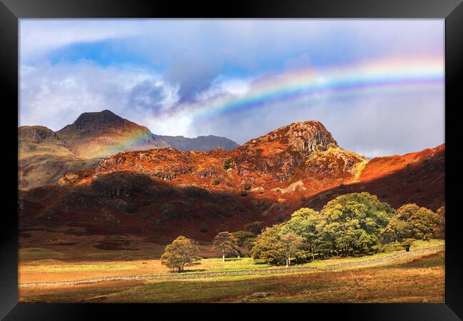 Langdale Pikes Autumn Rainbow Framed Print by John Finney