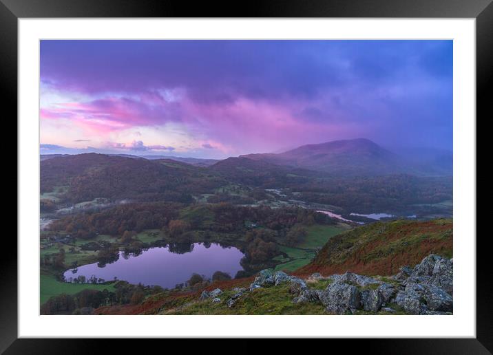 Loughrigg and Elterwater pink sunrise Framed Mounted Print by John Finney