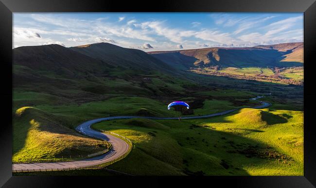 Paragliders floating down Edale Valley  Framed Print by John Finney
