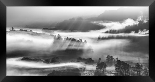 Little Langdale tarn and mist, Cumbria.  Framed Print by John Finney