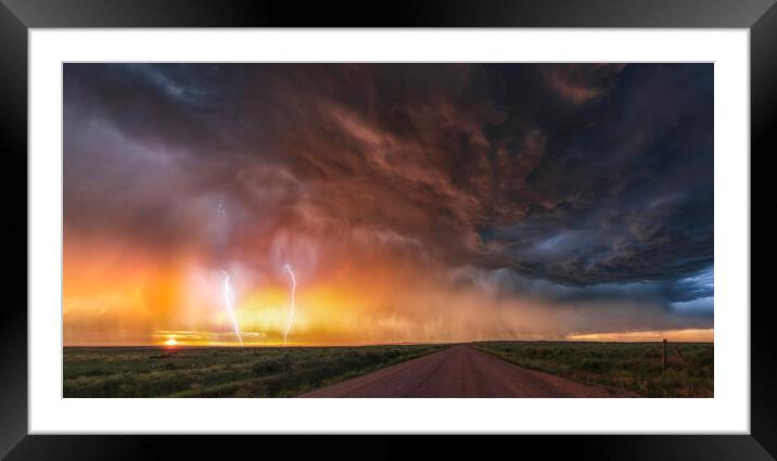 Double Lightning Bolts at sunset, Colorado Framed Mounted Print by John Finney