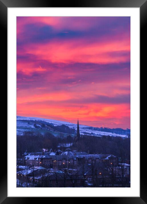 Red sky over New Mills St George's Church Framed Mounted Print by John Finney