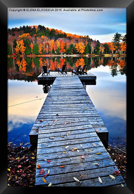 Wooden dock on autumn lake Framed Print by ELENA ELISSEEVA