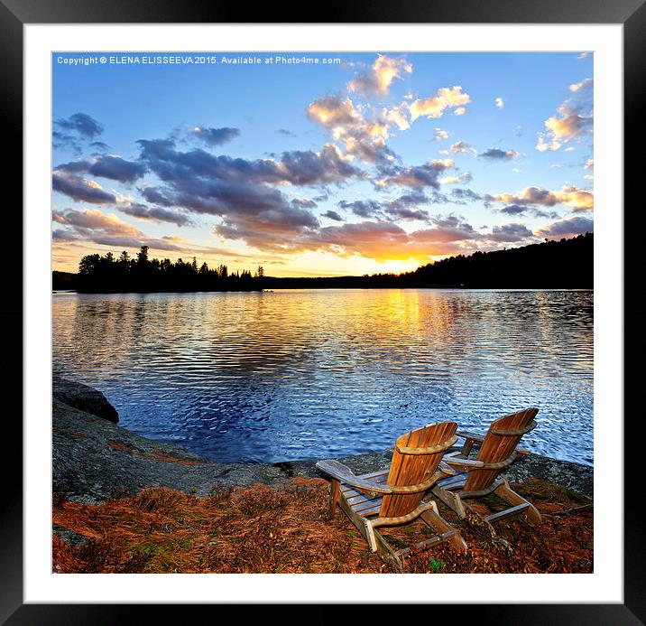 Wooden chairs at sunset on beach Framed Mounted Print by ELENA ELISSEEVA
