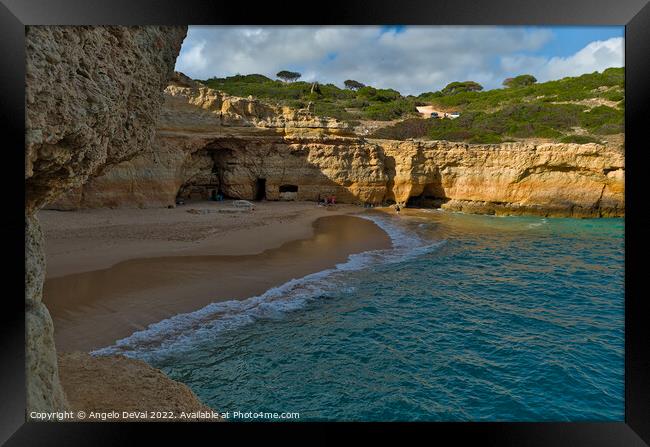 Carvalho Beach from Cliff Cave in Algarve Framed Print by Angelo DeVal