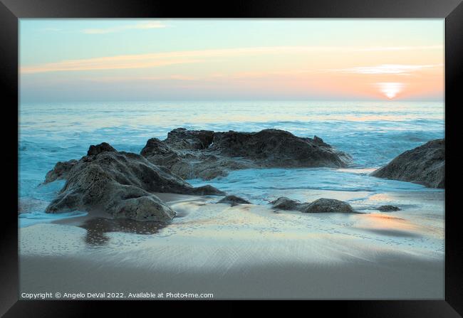 Waves, rocks and sunset in Salgados Framed Print by Angelo DeVal