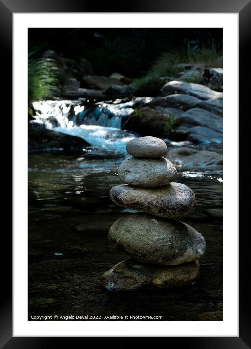 Zen rocks in Gralheira river and water flow Framed Mounted Print by Angelo DeVal