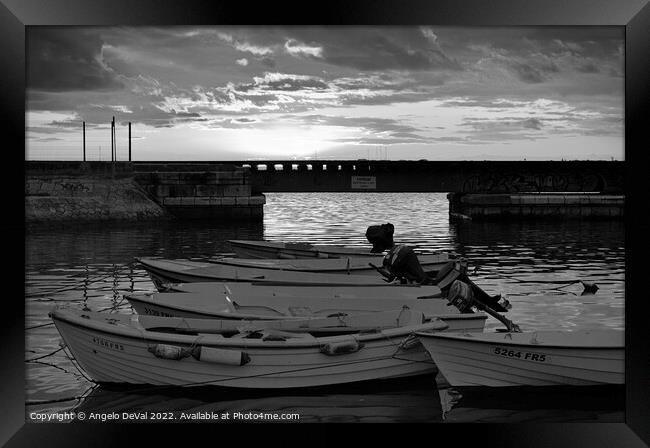 Boats and Train Bridge at Faro Marina Framed Print by Angelo DeVal