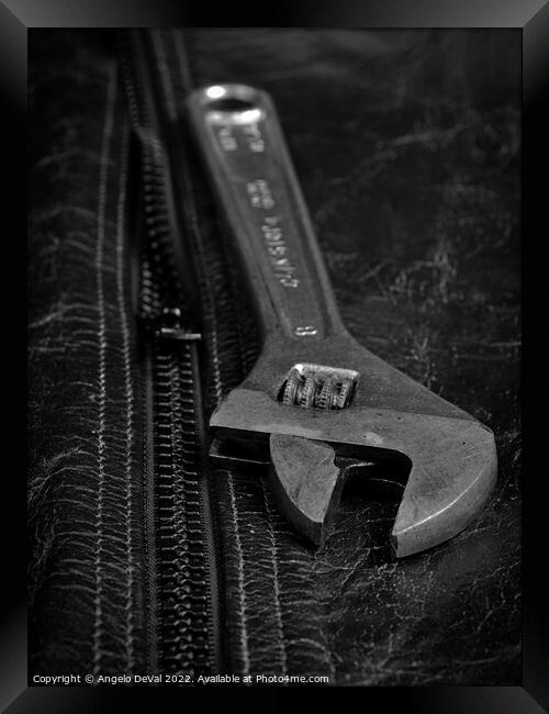 Wrench Tool on Leather Jacket Framed Print by Angelo DeVal