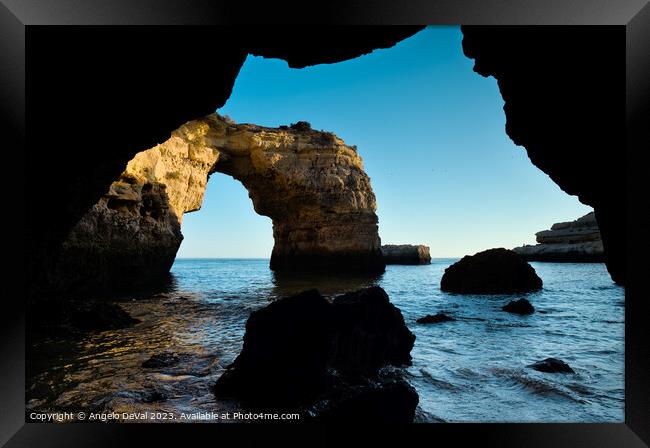 Albandeira Rocky Arch Scene from the Cave Framed Print by Angelo DeVal