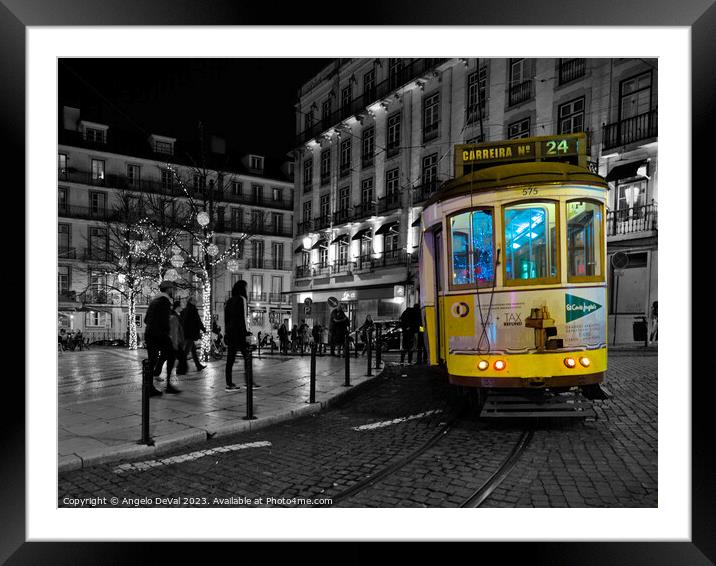 Yellow Electrico at night in Lisbon Framed Mounted Print by Angelo DeVal