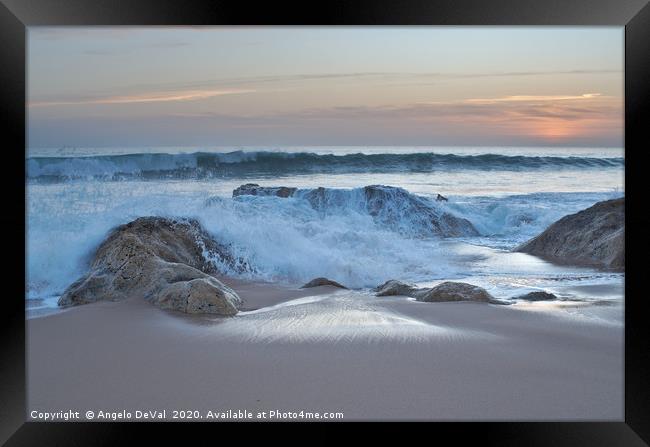 Crushing waves in Salgados beach at sunset 2 Framed Print by Angelo DeVal