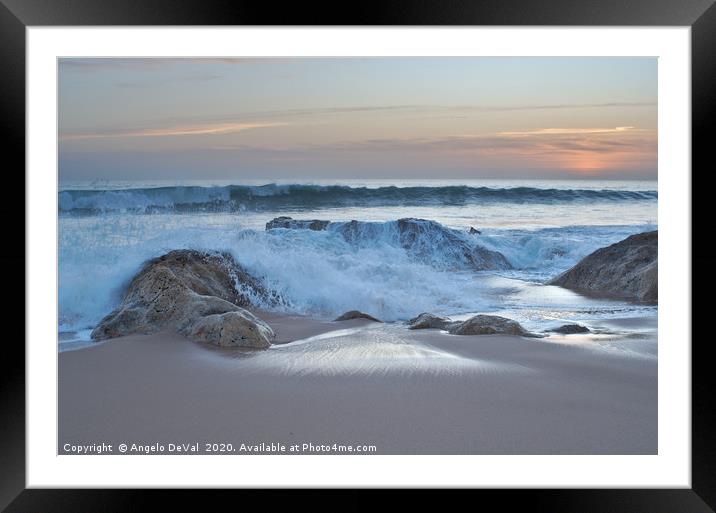 Crushing waves in Salgados beach at sunset 2 Framed Mounted Print by Angelo DeVal