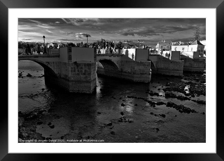 Antique Bridge of Tavira in Algarve on Monochrome Framed Mounted Print by Angelo DeVal