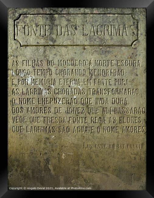 The Engraved Stone Slate of Fonte das Lagrimas Framed Print by Angelo DeVal