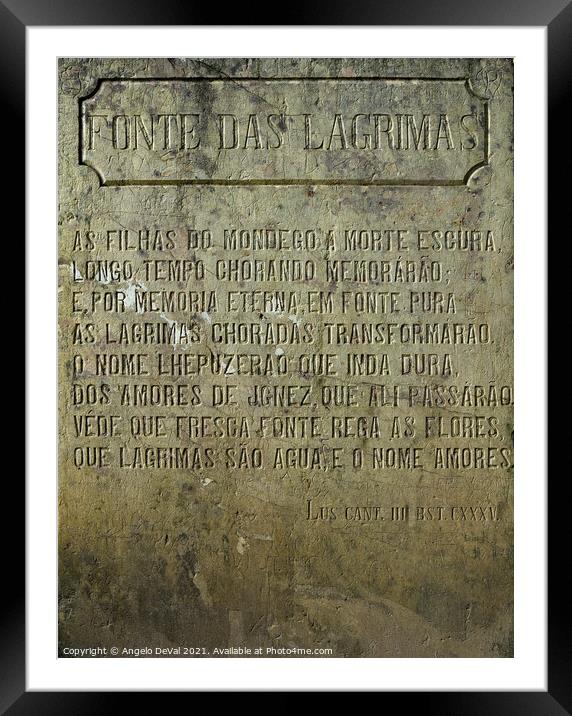 The Engraved Stone Slate of Fonte das Lagrimas Framed Mounted Print by Angelo DeVal
