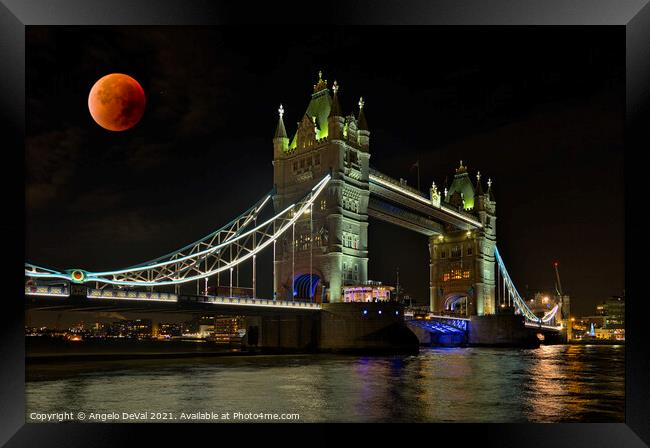 Tower Bridge and Red Moon Framed Print by Angelo DeVal