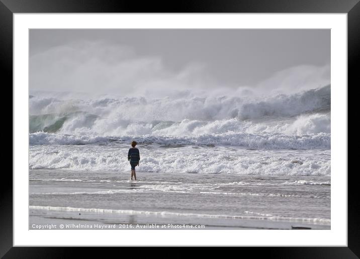 A Girl Walks Along Beach While Tide Comes in at th Framed Mounted Print by Wilhelmina Hayward