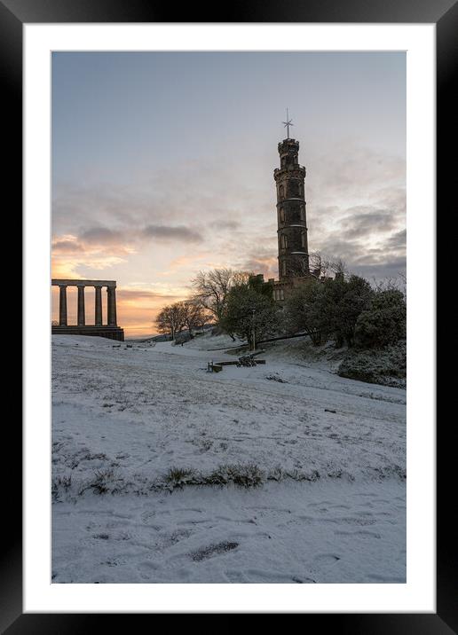 Calton Hill on a snowy sunrise Framed Mounted Print by Miles Gray