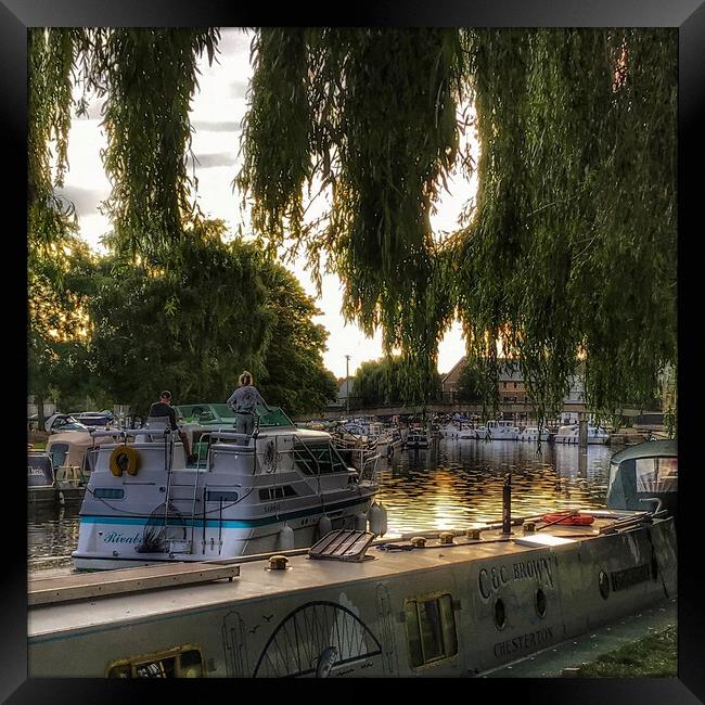 Ely Riverside Narrowboats at Sunset Framed Print by Jacqui Farrell