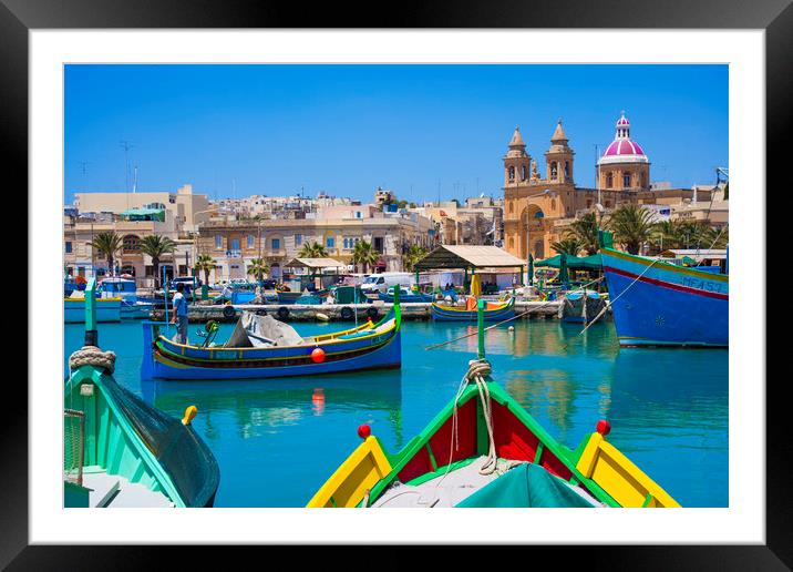 Marsalokk Harbour and  Parish Church.Malta Framed Mounted Print by Philip Enticknap