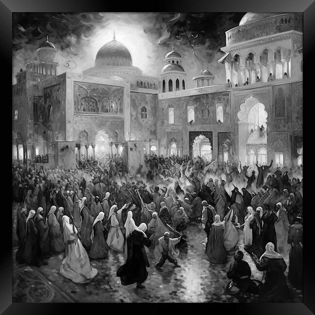 Crowds outside mosque Framed Print by Zahra Majid