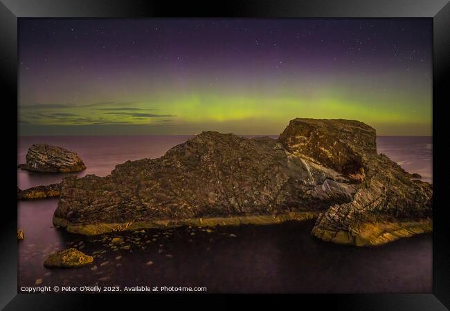 Northern Lights at Bow Fiddle Rock Framed Print by Peter O'Reilly