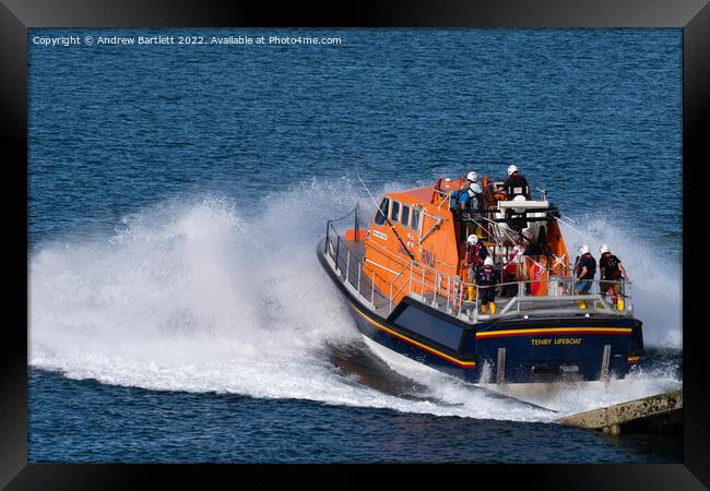 Tenby Lifeboat at launch, Pembrokeshire UK. Framed Print by Andrew Bartlett