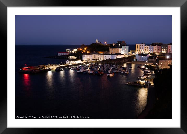 Tenby Harbour at night, West Wales UK. Framed Mounted Print by Andrew Bartlett