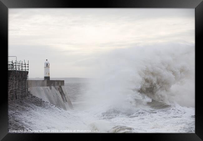 Large waves crash near Porthcawl lighthouse Framed Print by Andrew Bartlett