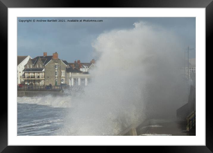 Large waves at Porthcawl lighthouse Framed Mounted Print by Andrew Bartlett
