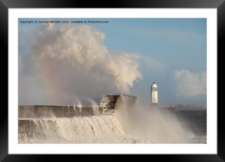 Porthcawl waves smash against the Lighthouse Framed Mounted Print by Andrew Bartlett