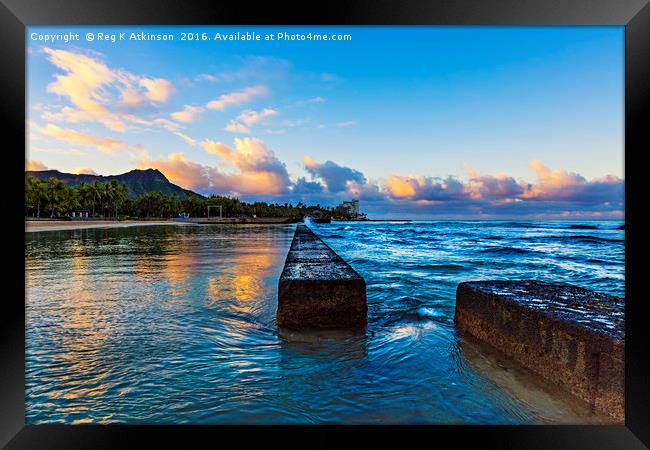 Waikiki Sunrise Framed Print by Reg K Atkinson
