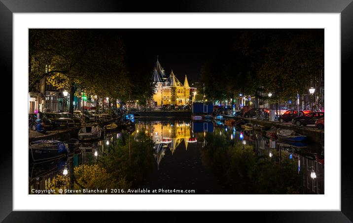 Amsterdam at night canal Framed Mounted Print by Steven Blanchard