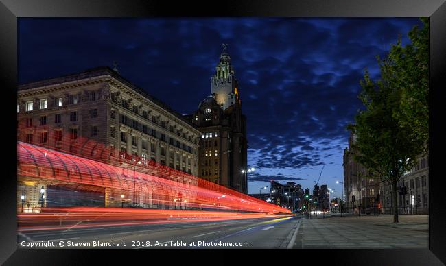 Liver building light trails Framed Print by Steven Blanchard