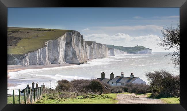 Seven Sisters and Coastguard Cottages at Cuckmere  Framed Print by Nick Rowland