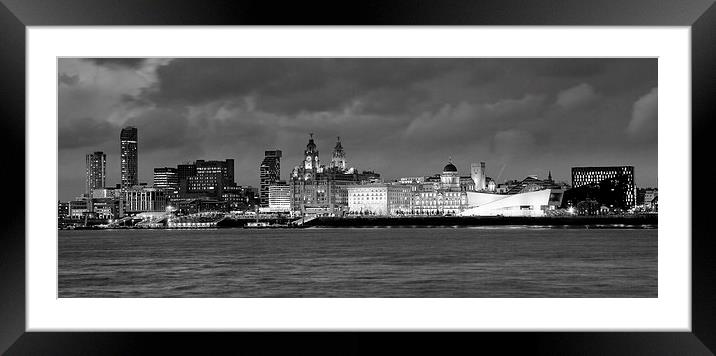 Liverpool Waterfront at Night B&W Framed Mounted Print by John Hickey-Fry